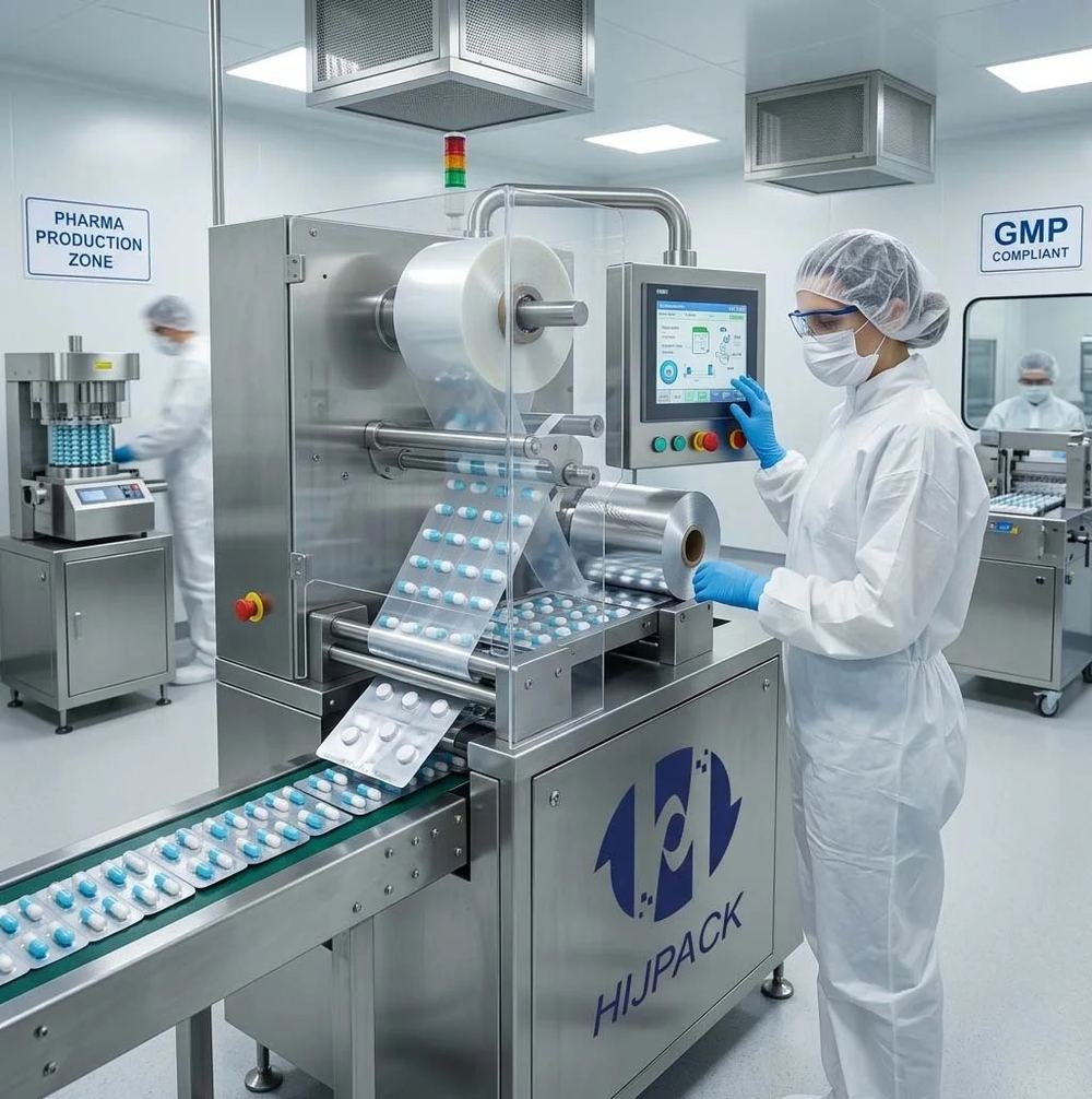 Blister packaging line in the production zone
